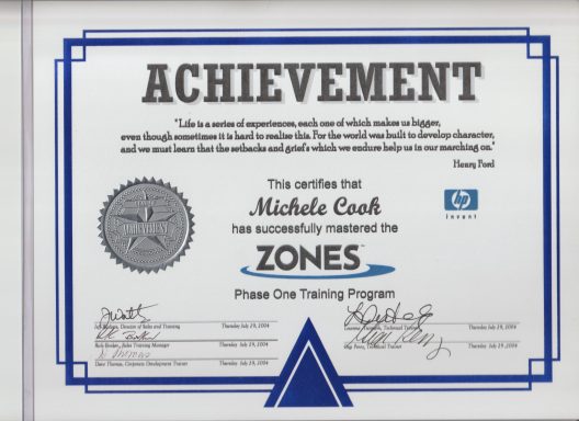 Michele Cook, Zones Training Phase 1 Achievement Certificate, #Zones